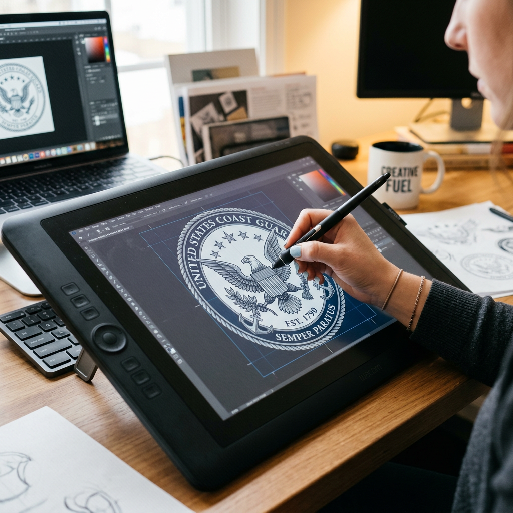 Designer sketching a custom challenge coin emblem