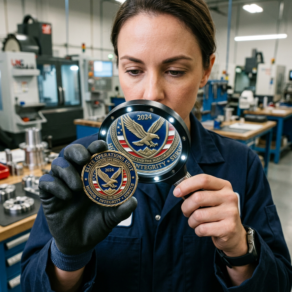 Technician inspecting a challenge coin for quality